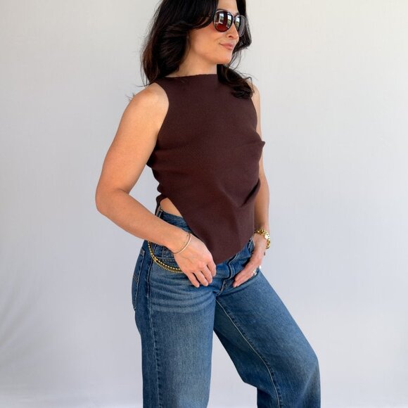 Women's Chocolate Brown Asymmetrical Mock Neck Knit Top - Picture 2 of 8